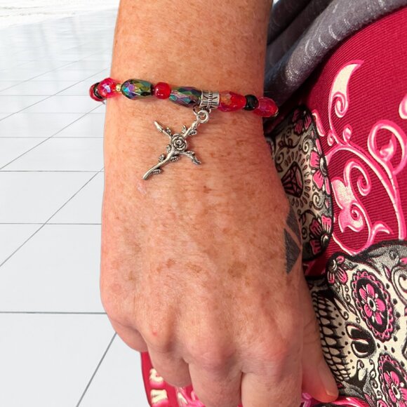 Arwen and Gwen Acrylic Beaded Stretch Bracelet with Silver Rose Charm - Picture 2 of 2